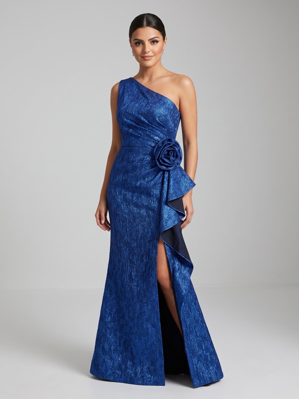 NWT Teri Jon by Rickie Freeman Jacquard One Shoulder Gown - Picture 2 of 8